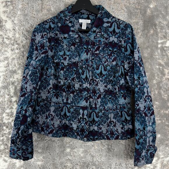 Charter Club Size S Abstract Boho Corduroy Button Top Blue Long Sleeve Collar - Picture 1 of 8